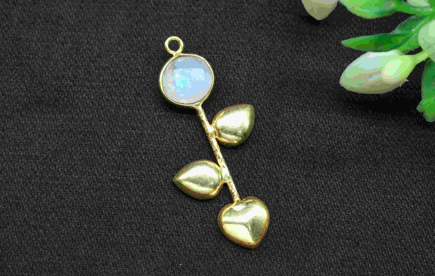 Moonstone Round Shape Pendant , Moonstone Single Bail Charms  ,Genuine Gemstone Charms , Gold Plated Gemstone Connectors , Summer Collection