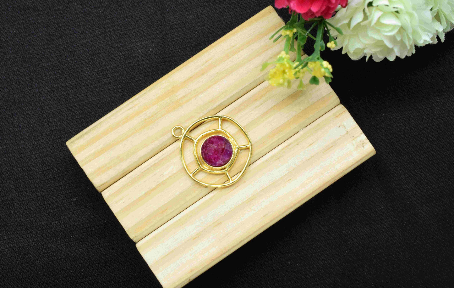 Ruby Gemstone Component, Single Bail Charm , Ruby  Connector Pendant , Gold Plated Connectors , Earring Component , B'day Gift
