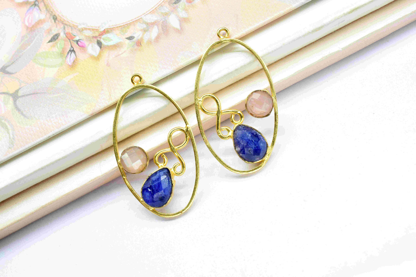 Multi Gemstone Finding Pendant, Peach Moonstone Round Connector, Sapphire 7x10mm Teardrop Shape Component,Finding Necklace Component Jewelry