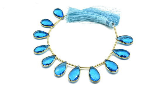 London Blue Topaz Side to Side Drilled chrams,Faceted Teardrop Gold Bezel ,pendant,earring findings,connector,Gemstone drilled bezel strand