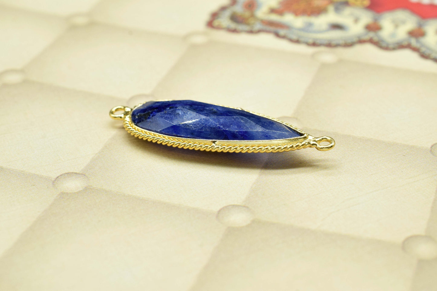 Blue Sapphire Faceted 10x30mm Pear Shape Charm,Blue Sapphire Connectors,Sapphire Double Bail Connector,Sapphire Gold Plated Charms Pendant