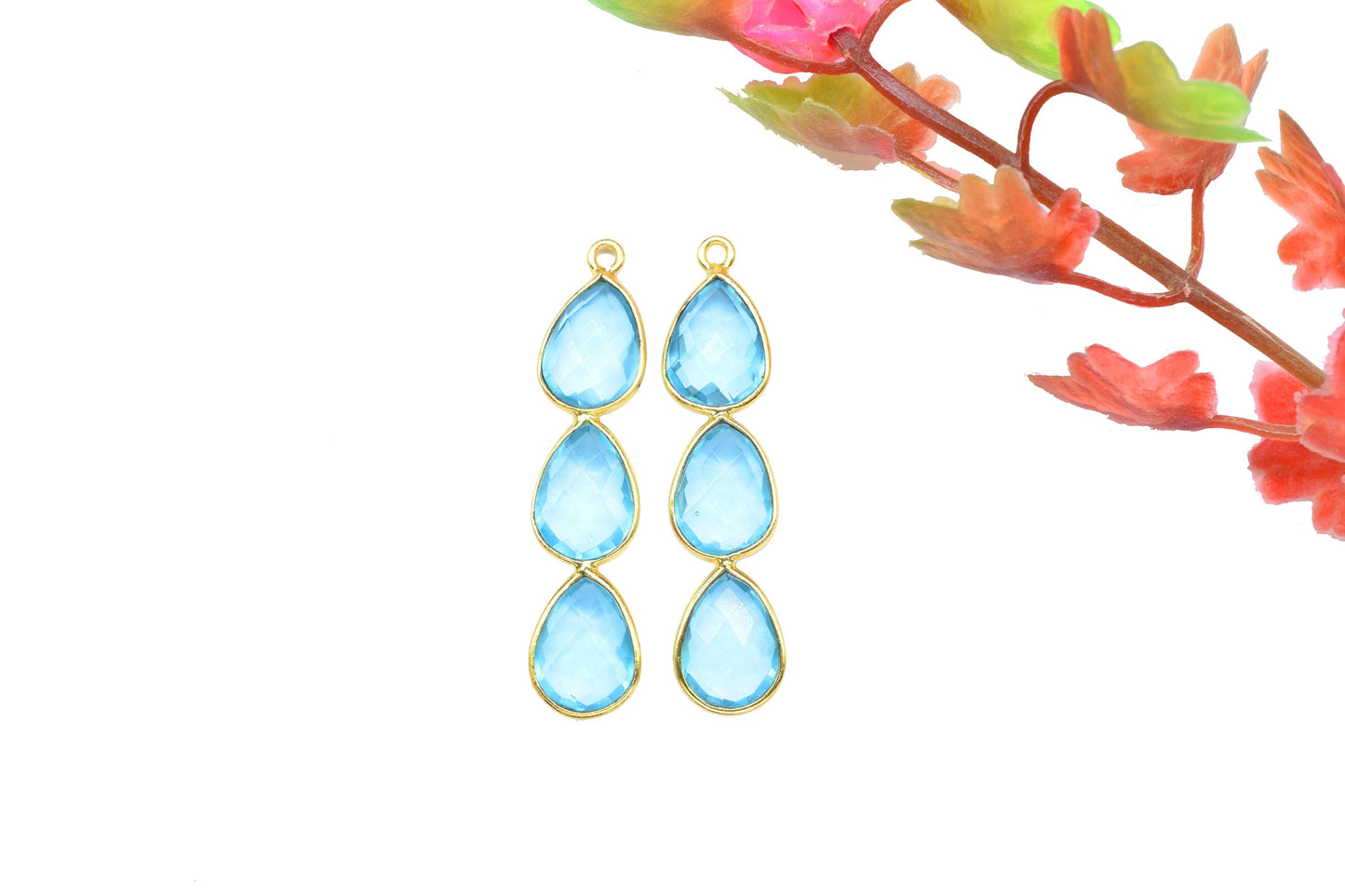 Three Stone Bezel Pendants,Gemstone Teardrop Charms,Handmade Beads Jewelry,Components Earring Connector,Single bail Station Bezel Link,Gift