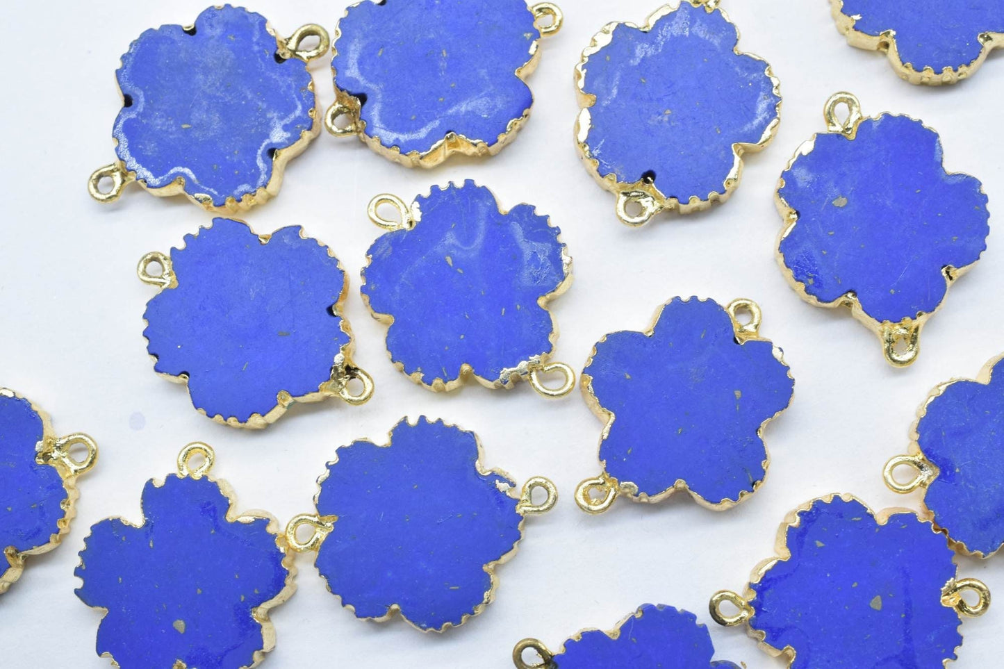 Lapis Lazuli Clover Shape Pendants,Handmade Flower charm Pendants,Necklace Connectors,Gemstone Electroplated Charm,Double Bail Connectors
