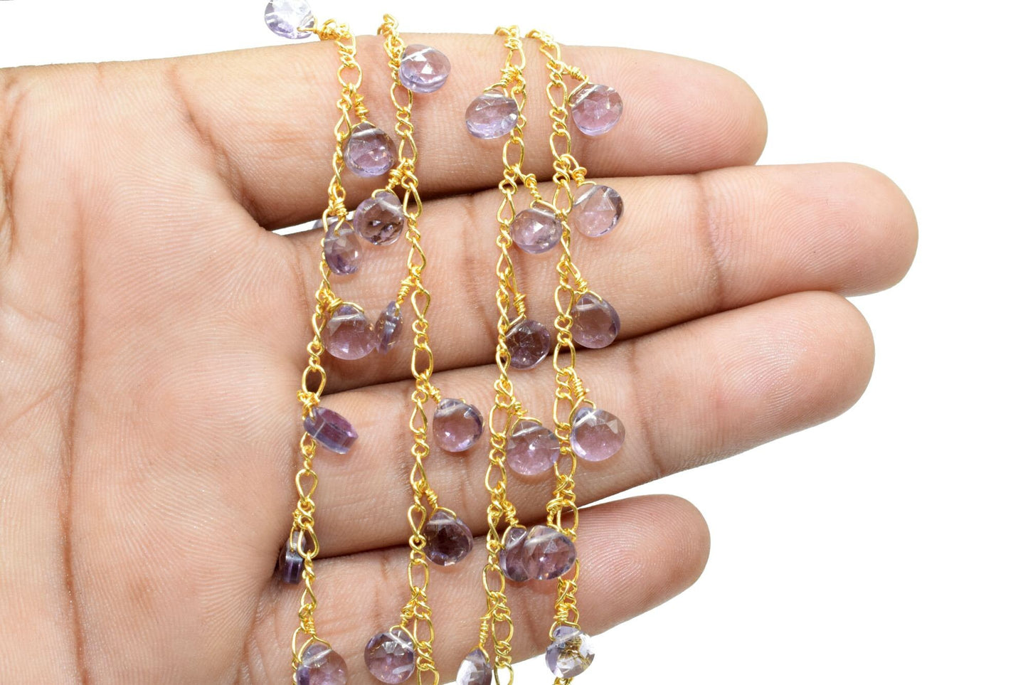 Amethyst 6mm Heart shape Briolette Chain,Briolette Wire Wrapped Gemstone chain,Faceted Rosary Chain,Handmade Gemstone rosary style chains