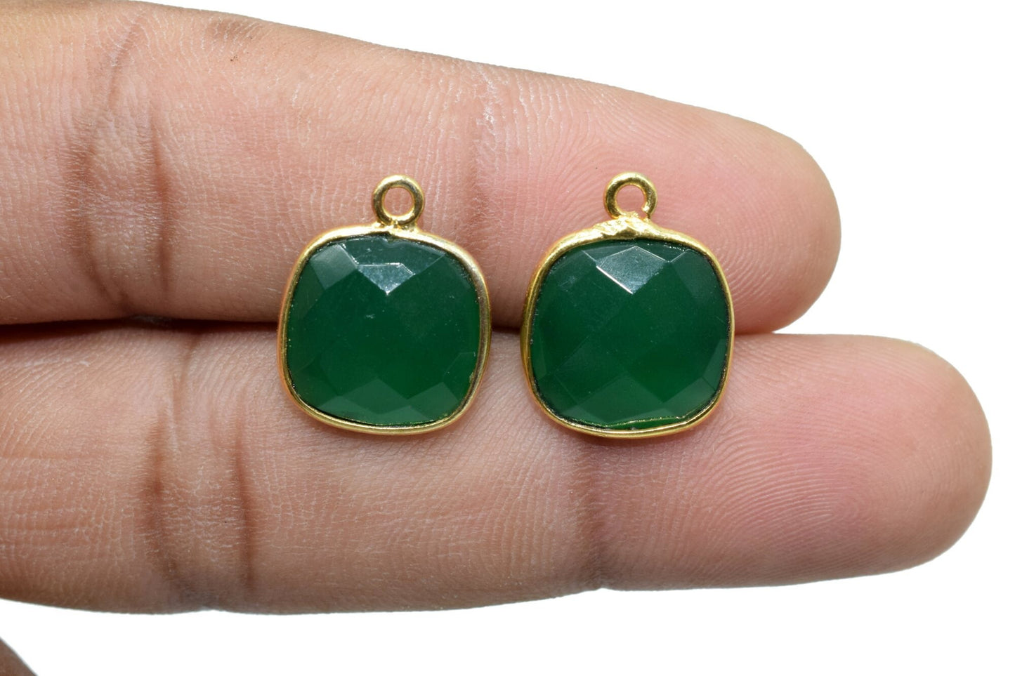Green Onyx 12mm cushion shape Single bail Connector,Faceted Cushion Shape Connector,Single Bail Gold Plated Bezel, Making Jewelry Supplies,