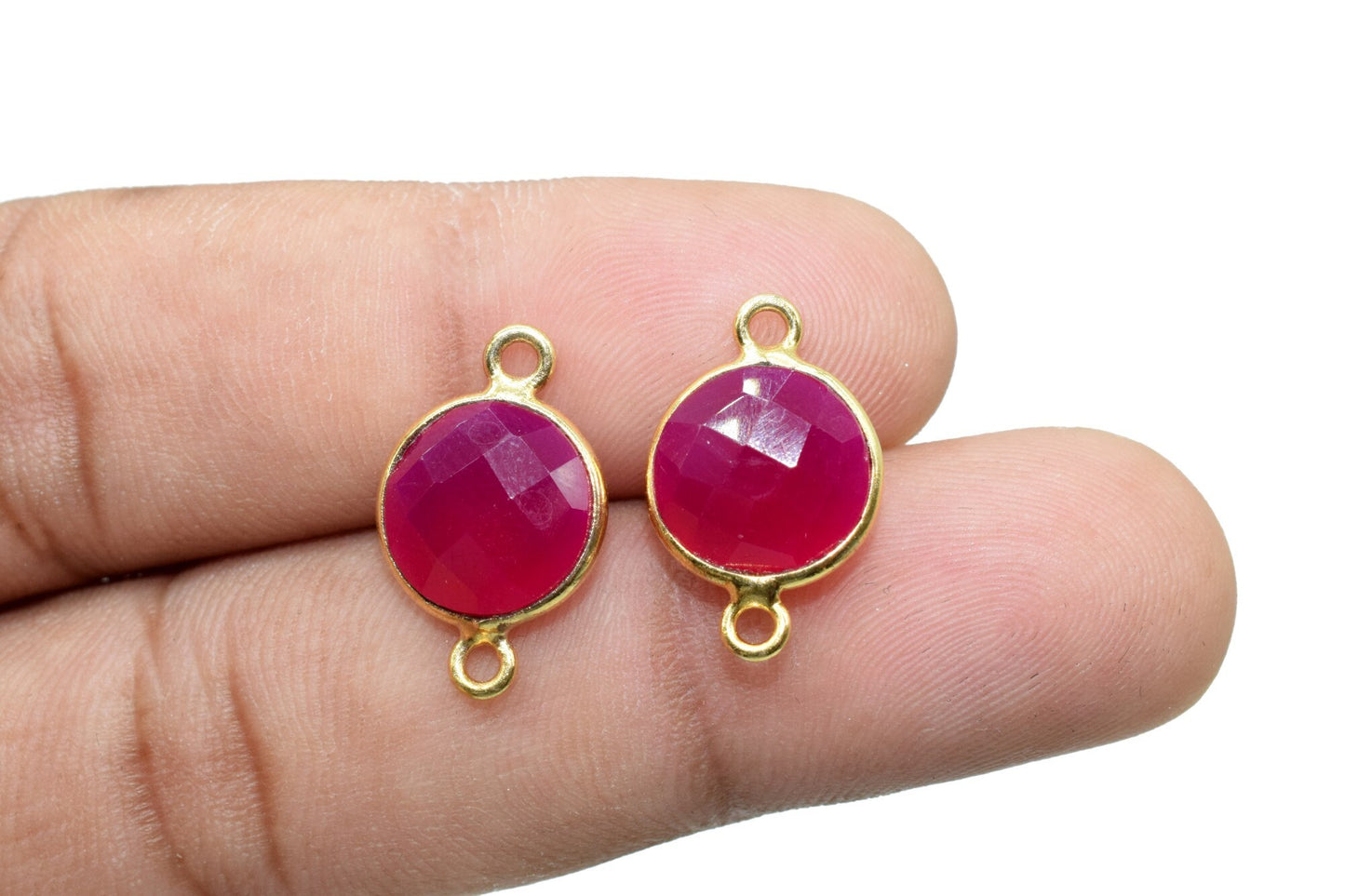 Pink Chalcedony 10mm Round double bail connectors,Pink Chalcedony Round Gold Plated bezel,Jewelry making charms,Pink stone Brass connectors,