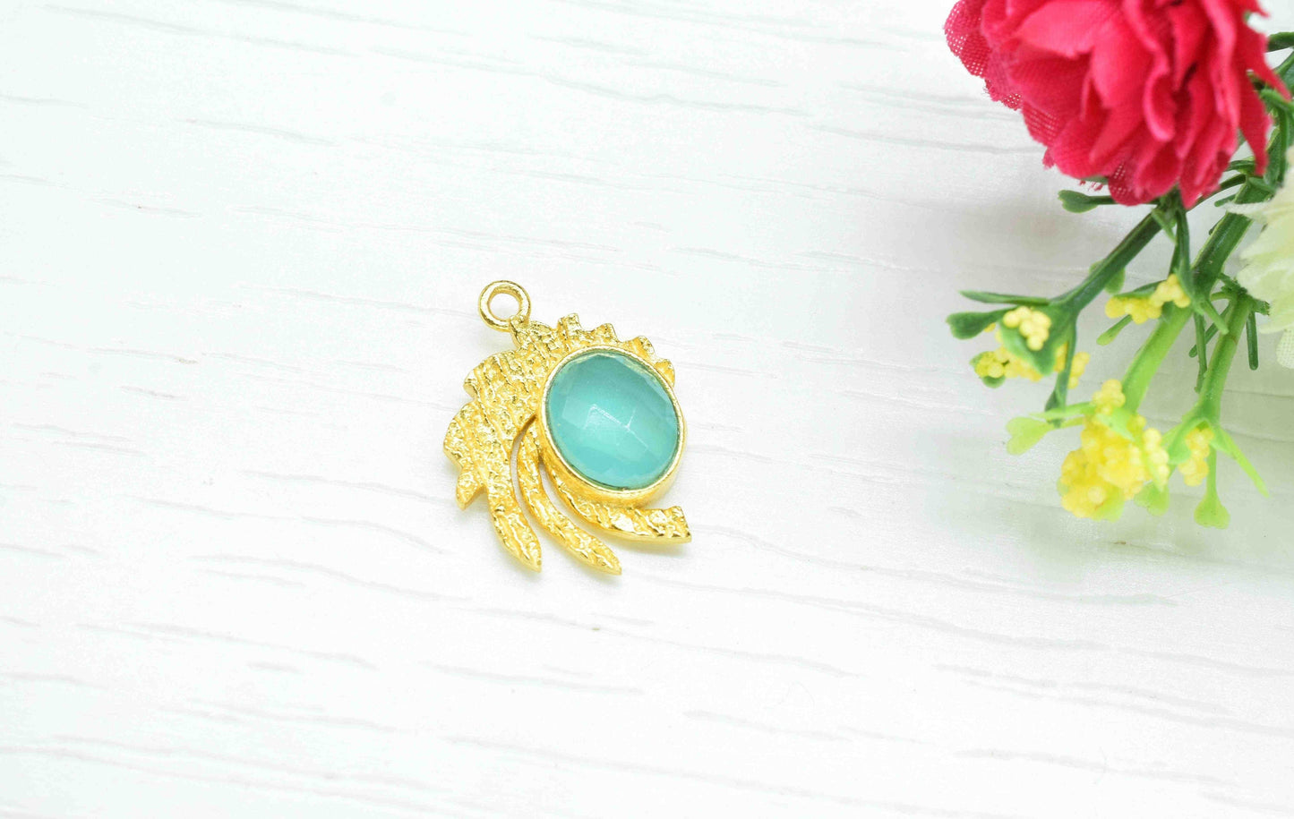 Aqua Chalcedony  Pendant ,  Gemstone Handmade Pendant , Bulk Gemstone Pendant , Gold Plated Connectors ,Single Bail Gemstone Connector Charm