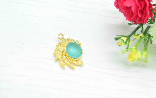 Aqua Chalcedony  Pendant ,  Gemstone Handmade Pendant , Bulk Gemstone Pendant , Gold Plated Connectors ,Single Bail Gemstone Connector Charm