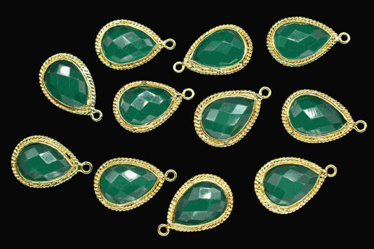 Green Onyx 9x13mm Teardrop Shape charm,Gold Plated bezel,double Bail connector,Onyx Jewelry,May Birthstone Coin Links,Handmade Bezel Charms