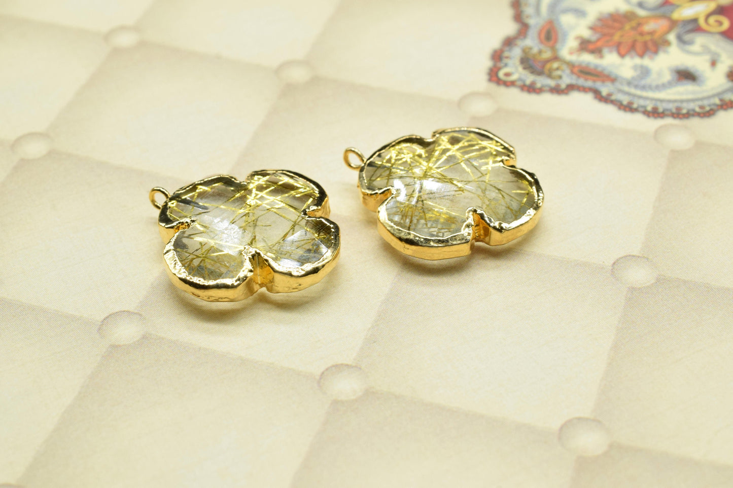 Gold Rutile Clover Shape Pendant Charms,Gold Rutile Electroplated Pendant jewelry,Gemstone Component Pendant,Handmade Earring Connector,Gift