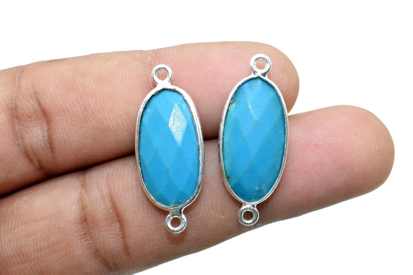 Natural Turquoise 10x20mm Oval Shape double bail connector,Turquoise Bezel Connector,Turquoise Oval connector Silver Plated,Turquoise charms