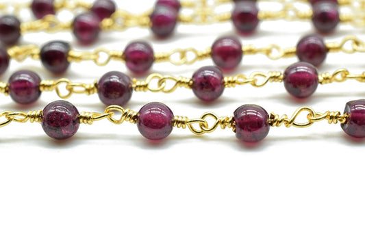 Garnet 4mm Round Beaded Chain,Premier Quality Non Tarnish Gold Wire,Garnet Wire Wrapped Rosary Chain,Brass Wire Wrapped Links,Garnet rosary