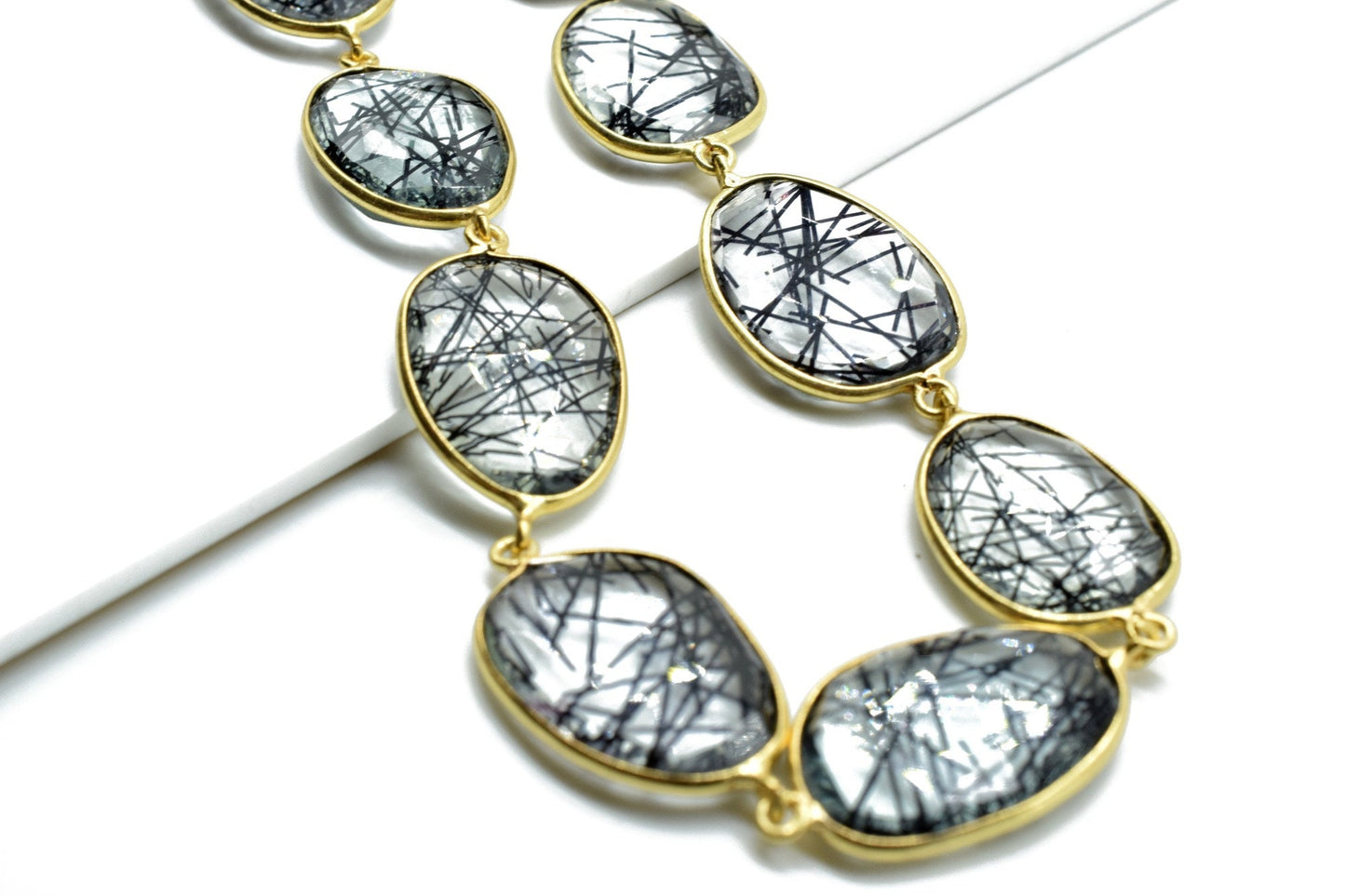Black Rutile Gold plated Bezel Connector Chain,Black Rutile Faceted Bezel Link Chain,Black Rutile Free form bezel connector chain,jewelry