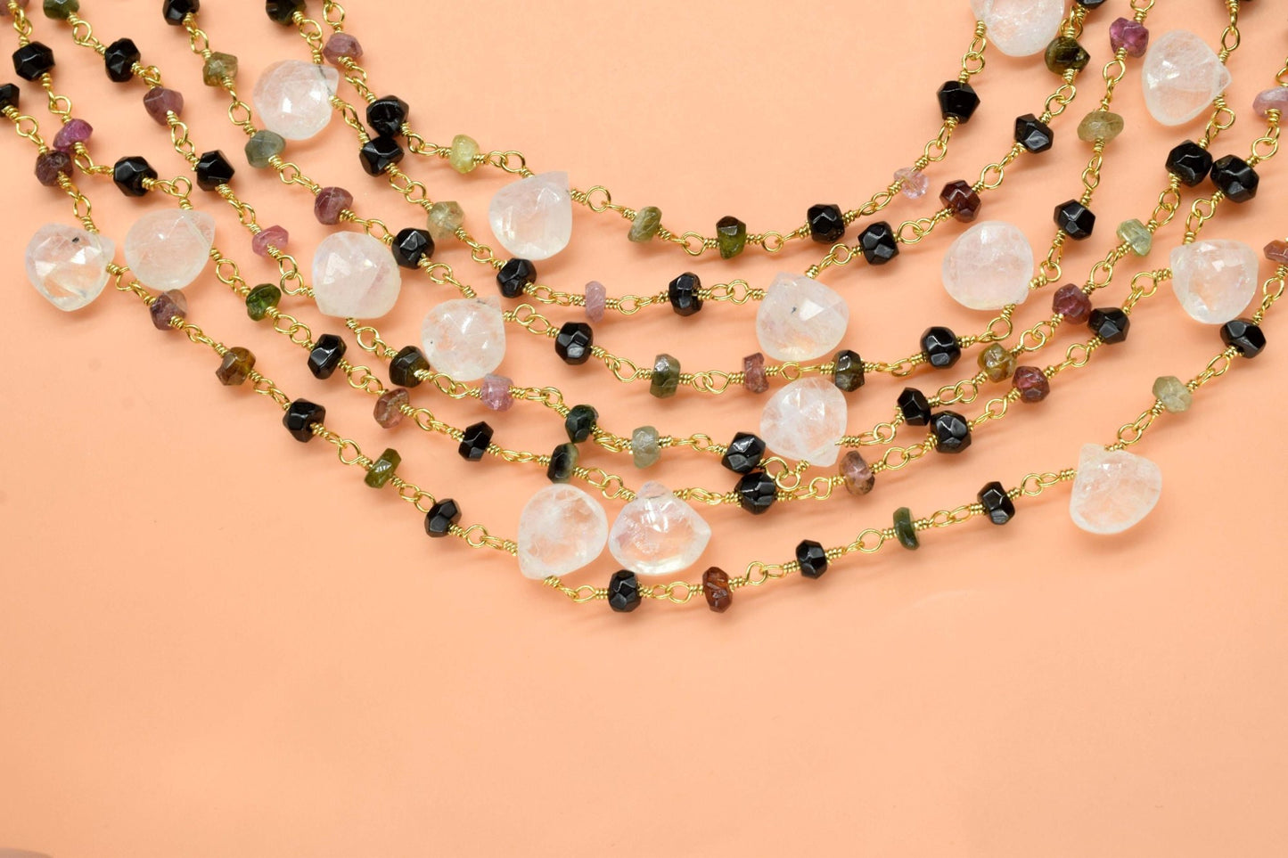 Pink Tourmaline 3mm Beaded & moonstone Heart shape Chain,Beaded Wire Wrapped Gemstone Beads,Faceted Rosary Chain,Gems Rosary Style,handmade