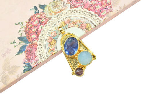 Multi Stone Pendant,Handmade Pendant,Loop Pendants,Gemstone Pendants jewelry,Brass Pendant Charm,Tanzanite Pendant,Aqua Quartz Pendant,Gift