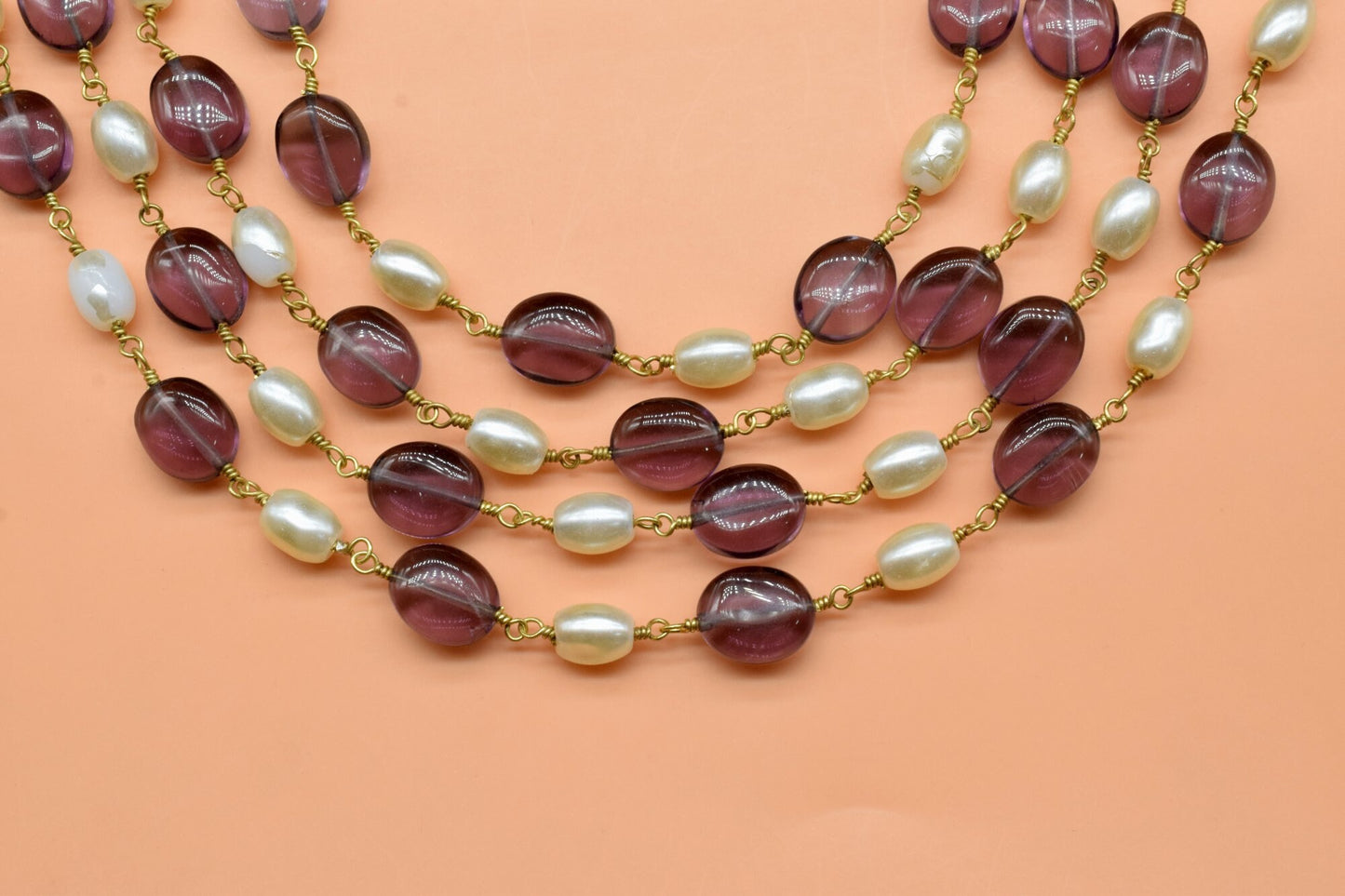 Amethyst And Pearl Beaded Rosary Chain, Gold Plated Wire Wrapped chain by foot, Diy Jewelry Making Beaded Chain, New Designer Jewelry Chain