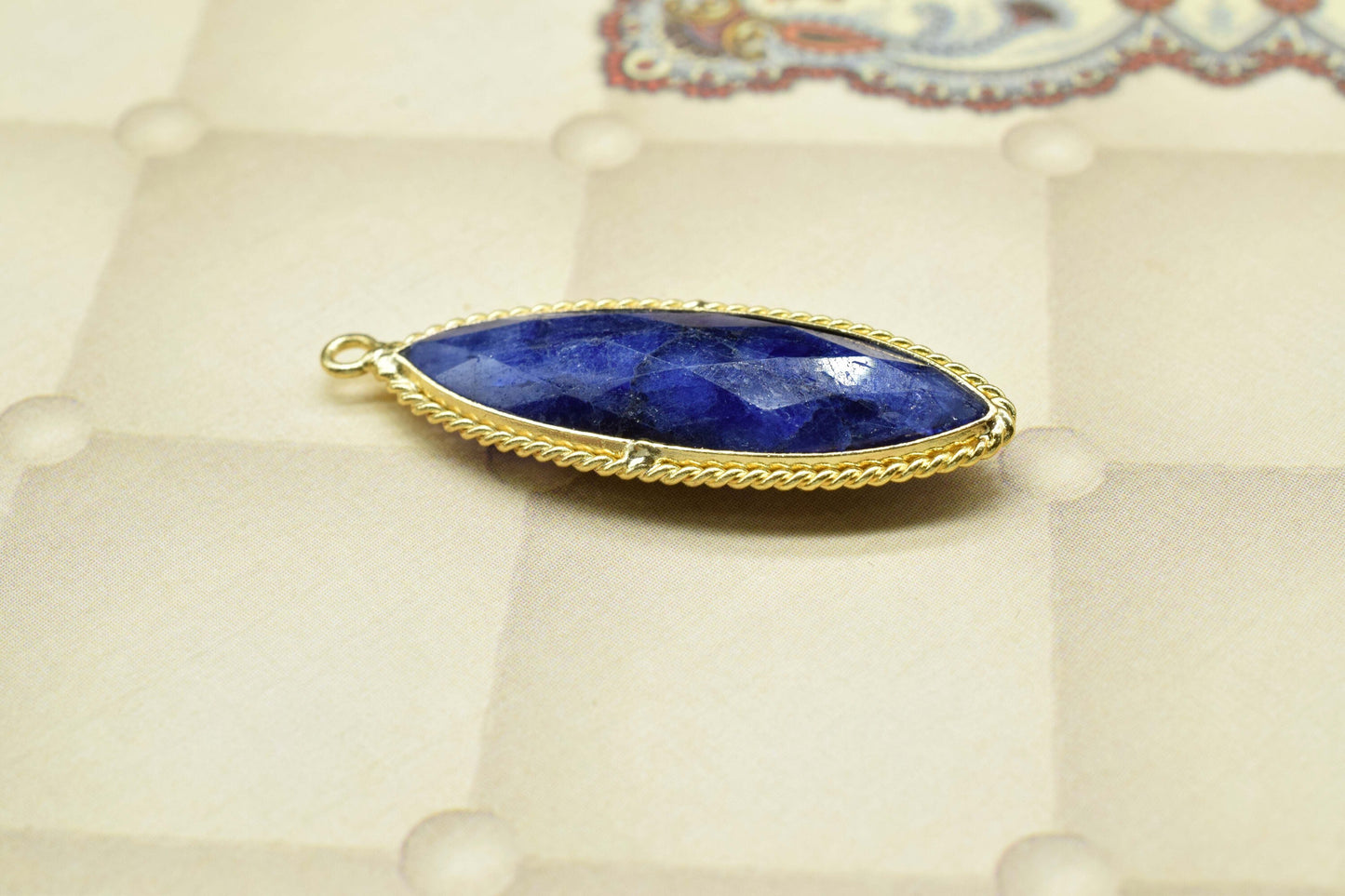 Blue Sapphire Gemstone 10x30mm Marquise shape charm,Sapphire Faceted Briolette Connector,Sapphire Gold Plating bezel,Sapphire Bezel Pendants