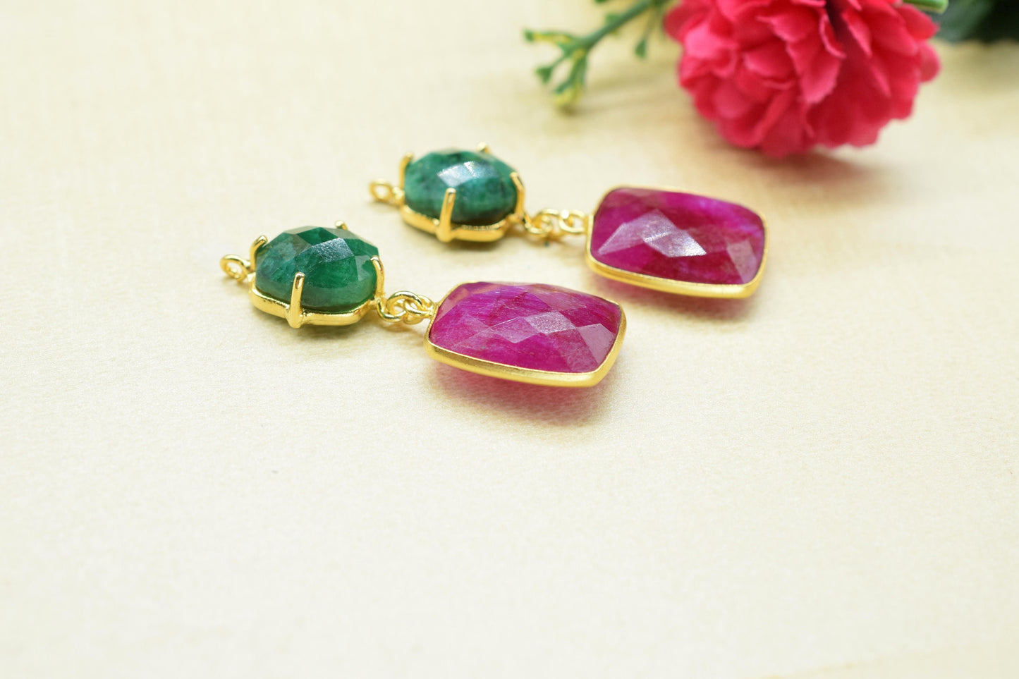 Natural Emerald Prong Setting Bezel Charm/Ruby Connector/Earring Connector/Multi Stone Pendant/Station Bezel Link/Handmade Pendant/Gift