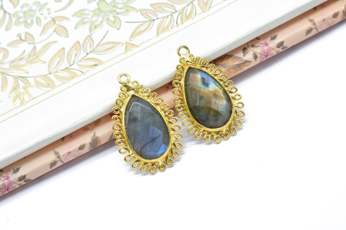 Labradorite 12x20mm Teardrop Bezel Charms,Gemstone Brass Component,Wholesale Jewelry,Single Bail Pendant,Handmade Jewellery Connectors,Gift