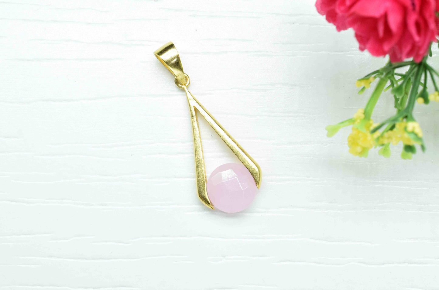 Rose Quartz Component , Single Bail Charm ,Rose Quartz Connector Pendant,Gold Plated Connectors,Pendant Gift For Mother Unique Style Jewelry