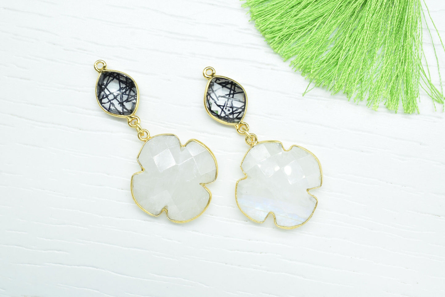 Rainbow Dangle Component Earring,Multi Stone Dangle Earring,Statement Earring,Handmade,Black Rutile pendant Connector,Gemstone Bezel pendant