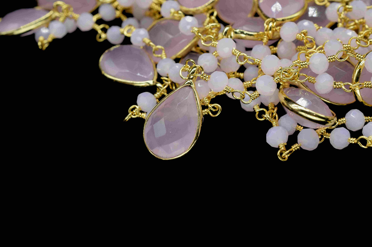 Rose Quartz 8x12mm Teardrop Shape Bezels Chain,Rose Quartz 3mm Round Shape Beads Rosary,Rose Quartz Faceted Beads Chain,Gemstone Jewelry