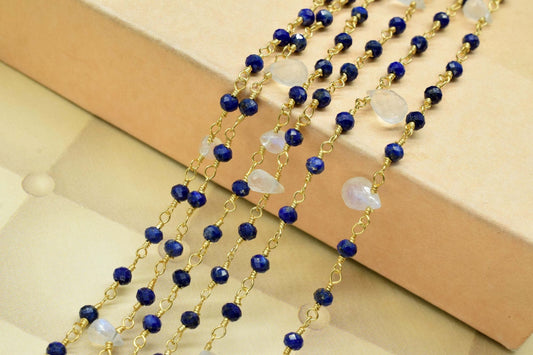 Natural lapis Wire Wrapped Beaded Chain 3mm Approx , moonstone drop Wire Wrapped Rosary Chain, gemstone rosary,gold plated rosary drop,