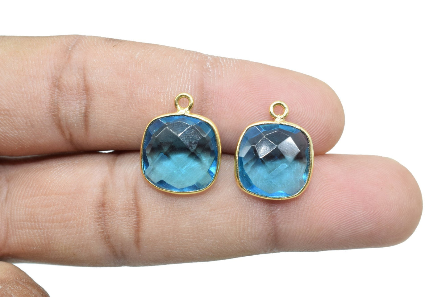 London Blue Topaz 12mm Cushion Shape Pendant,Gold Plated Single Bail Gemstone Connector,Faceted Cushion Shape Gemstone Bezel,Cushion Charms