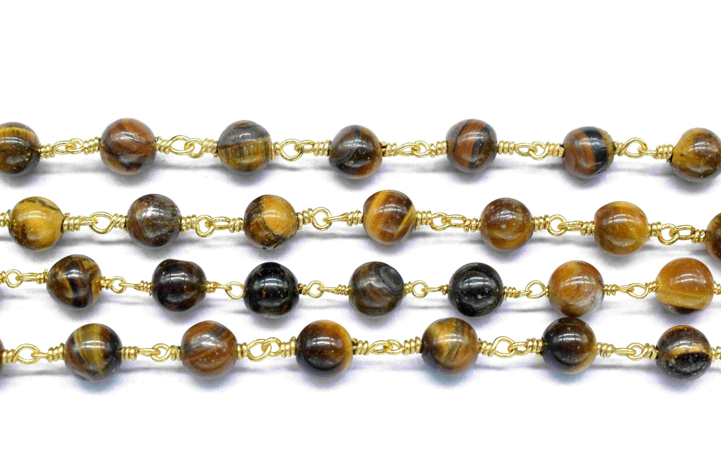 Tiger Eye Gemstone Beads Rosary,Gemstone Craft Supply Rosary,Handmade Bead Chain,Tiger Eye Gold Plating 6mm Wire Wrapped Smooth Beads Chain