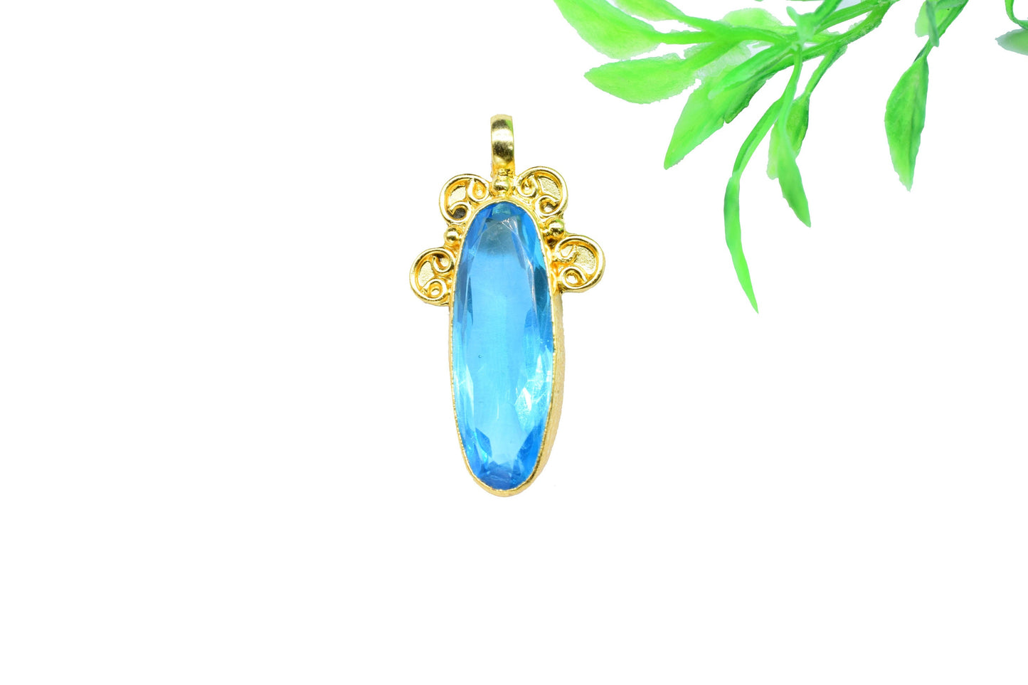 Sky Topaz Oval Pendant Charms,Statement Pendants,Loop Pendants,Boho Pendant,Pendant Jewelry,Gemstone faceted Pendants,Handmade Brass Pendant