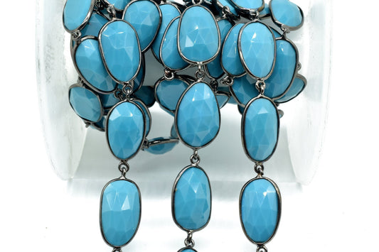 Blue Turquoise Bezel Connector Chain,Turquoise Free form Size Connector Chain,Turquoise Handmade Bezel Link Chain,Black Rhodium Bezel  Chain