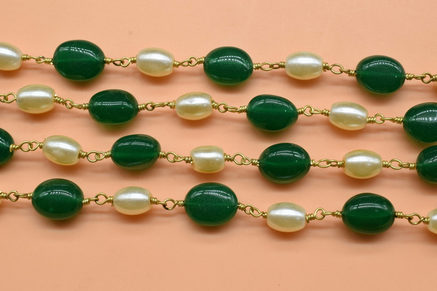 Bulk Chain, Pearl, Green Onyx Hydro Beads Rosary Chain, Gold Plating Wrapped Rosary Chain, Oval Gemstone rosary Chain, Pearl Beads Chain,
