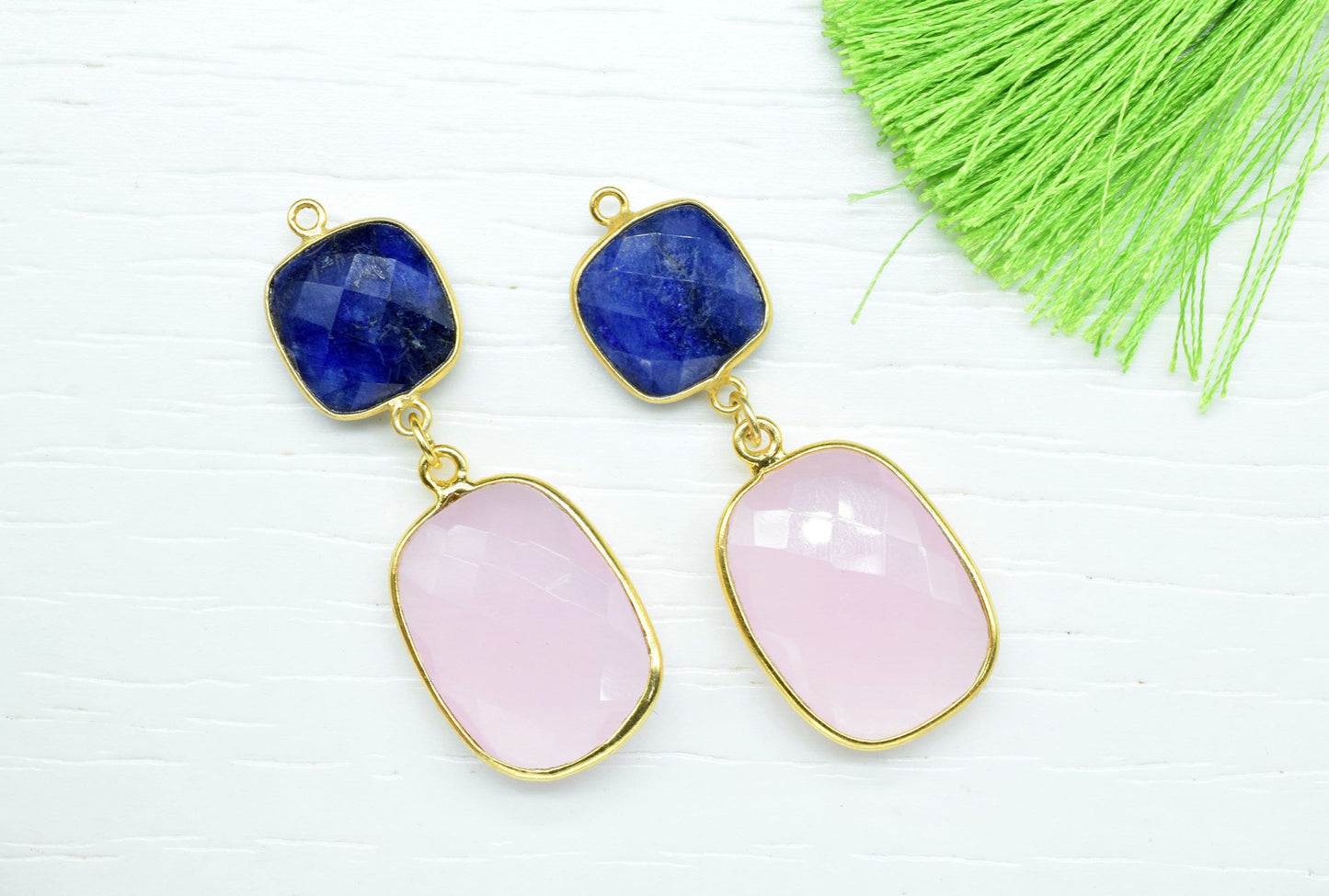 Blue Sapphire Component pendant,Multi Stone Dangle Earring,Square Shape Pendant Jewellry,Rose Quartz Dangle pendant Charm,Gemstone Connector