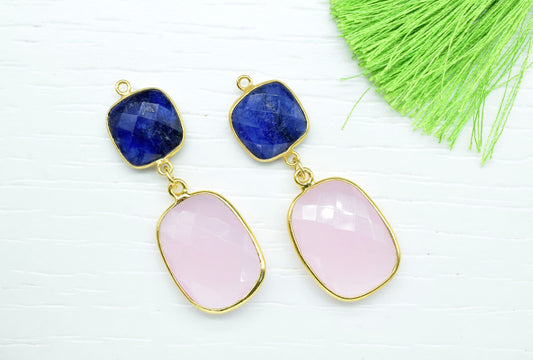 Blue Sapphire Component pendant,Multi Stone Dangle Earring,Square Shape Pendant Jewellry,Rose Quartz Dangle pendant Charm,Gemstone Connector