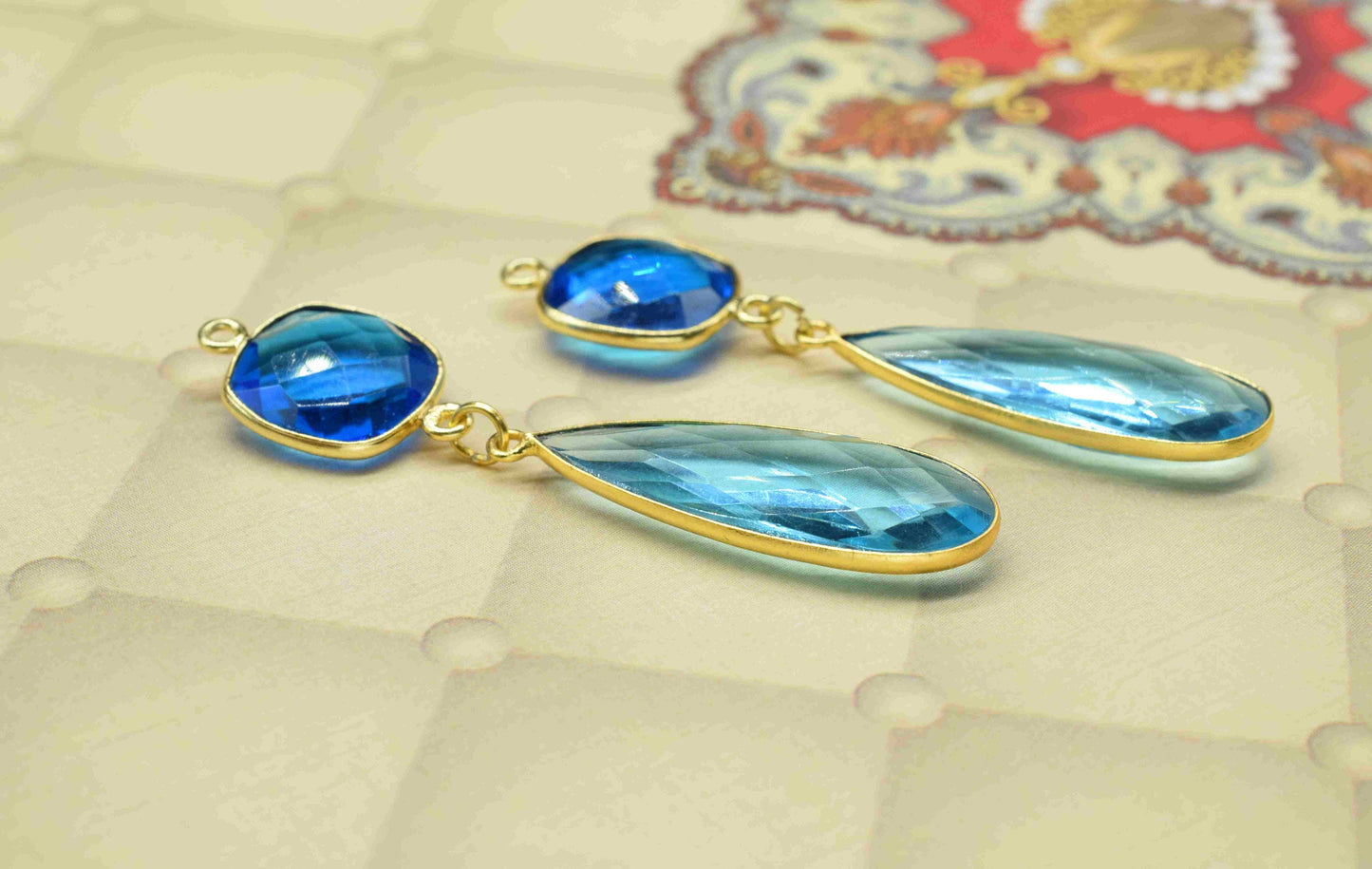 Multi Gemstone Dangle pendant Charms,Blue Topaz pendant Connectors,Dual Stone Dangle Earring,Handmade pendant,Station Link,Component jewelry