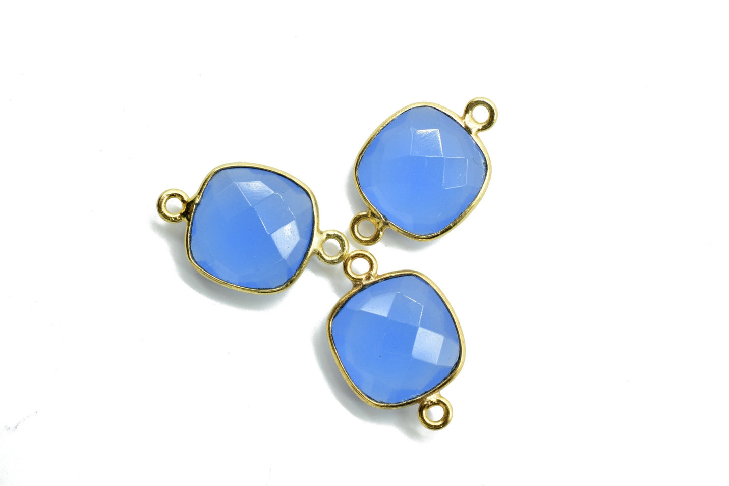 Blue Chalcedony 12mm Cushion double bail connectors,Blue Chalcedony Gold Plated Gemstone Bezel Connector, chalcedony Double Loop connectors