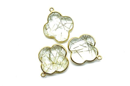 Gold Rutile 20mm Clover Shape Connector,Gold Plated SingleBail Gemstone Connector Gold Rutile Clover Briolette,Gold Rutile Clover Stone Link