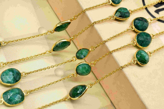 Natural Emerald Bezel Chain Connector,Gemstone Bracelet Chain,Mixed Shape Bezel Rosary Chain,Jewelry Connector,Necklace,Finding Jewelry,Gift