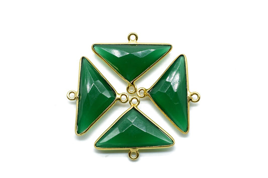 Green Onyx 12x25mm Triangle shape double loop charm,Brass Gold Plated bezel,Green Onyx Faceted Connector,Green Onyx Bezel Pendant, jewelry