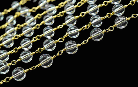 Crystal Quartz Smooth 6mm Round Beaded Chain,Crystal Brass Wire Wrapped Necklace Chain,Easy Open gold Chain,quartz gold Plating Beads Rosary