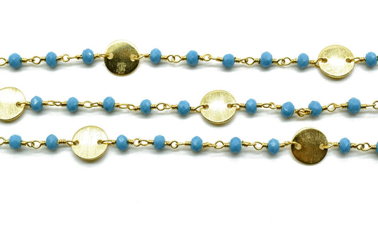 Turquoise 3mm Beaded Chain,Beaded Gold Plated Rosary Chain,Turquoise Rondelle Faceted Rosary Chain,jewelry Making,Finding,circle charm chain