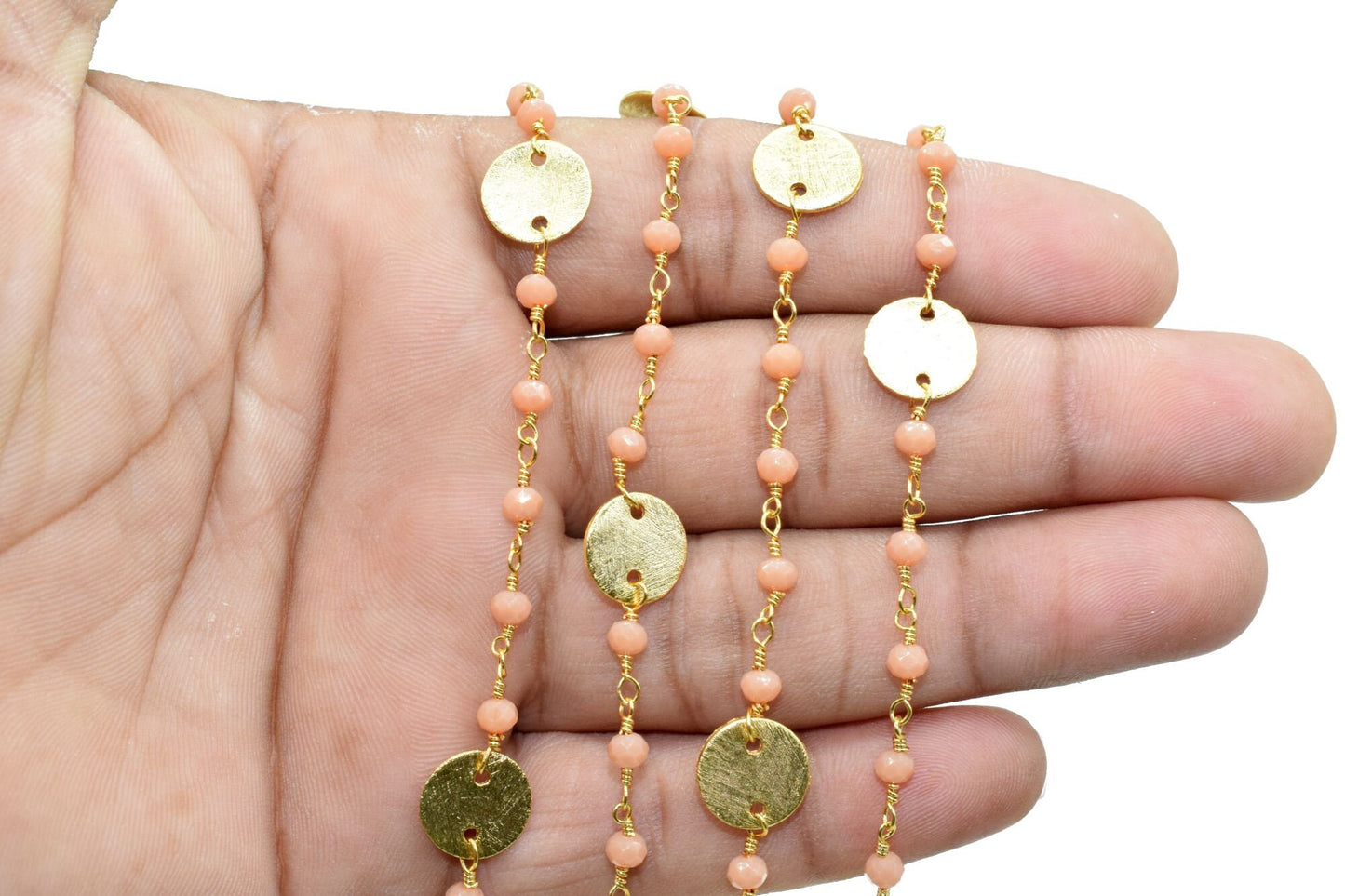Peach Agate 3mm Beaded Chain,Peach Agate Rosary Chains,Peach Agate Gold Plating Wire Wrap Chain,Brass chain Jewelry,circle charms chain,