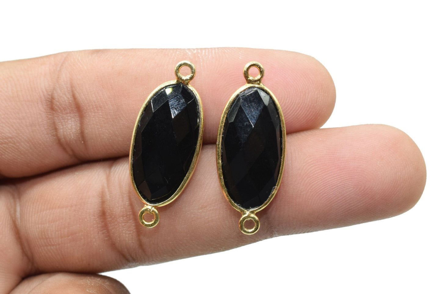 Black Onyx 10x20mm Oval shape double loop connector,Black Onyx faceted Oval Pendant,Gemstone Charm,Gemstone Pendant,Black onyx Dainty Charms