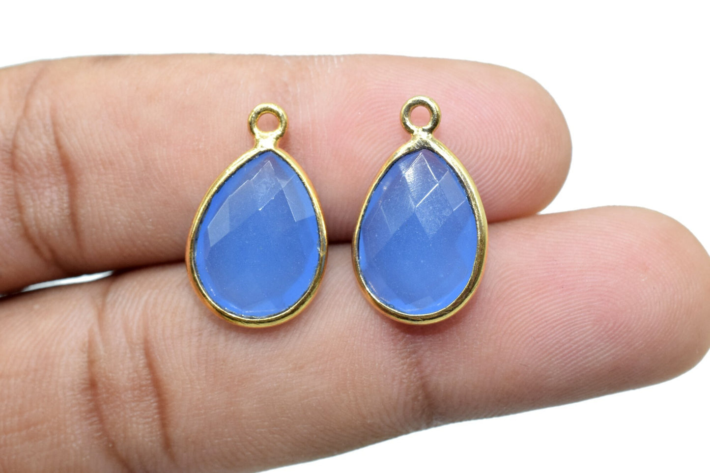 Blue Chalcedony 10x14mm Pear shape charm,Blue Chalcedony Pear Shape Bezel Connector Gold Plated,Single Bail Connector,JewelryBezel Set Charm