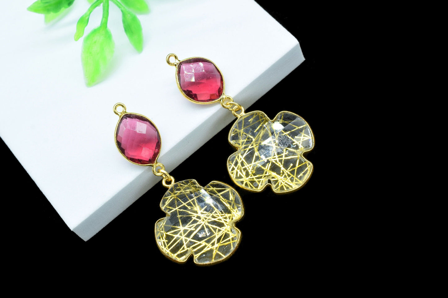 Pink Tourmaline Dangle Component pendant,Multi Stone Dangle Earring,Clover Shape Pendants,Gold Rutile pendant Charms,Gemstone Bezel pendant