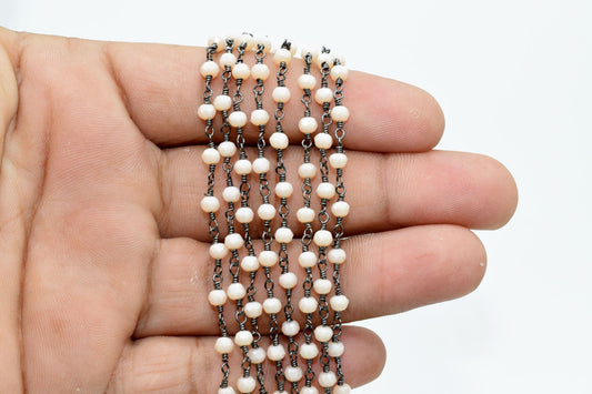 Peach Agate 3mm Beaded Chain,Peach Agate Rosary Chain,Peach Agate Black rhodium Wire Wrap Chain,Brass chainJewelry Making Chain Rosary chain