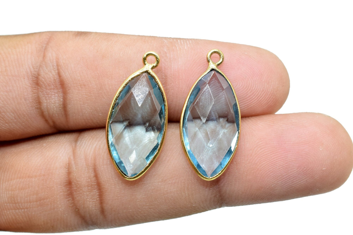 Sky Topaz 10x20mm Marquise shape charm,Brass Gold Plated bezel,Sky Topaz Faceted Briolette Connector,Topaz Bezel Pendant,Sky Topaz connector