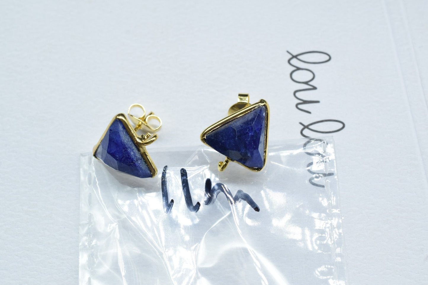 Blue Sapphire 11mm Trillian Earring Connector,Blue Sapphire post stud,Gold Plated Connector,Single Loop Gemstone Stud Ear post,Studs