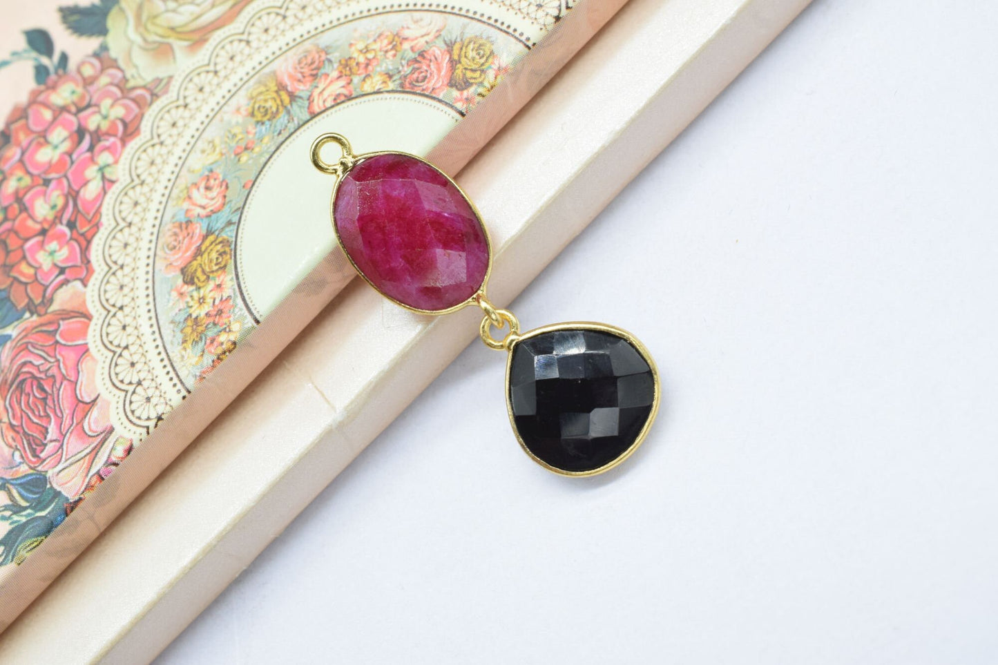 Natural Multi Stone Pendant Charm,Multi Shape Connector,Natural Ruby Jewelry,Station Bezel Link,Ruby Earring Connector,Handmade Pendant,Gift