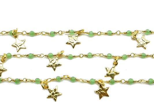 Chrysoprase 2mm Beaded & Star Charm Chain,Rosary Style Chain -Chain per foot,Yellow Plated Wire Wrapped Chain,Jewelry Making Supplies,Jewels